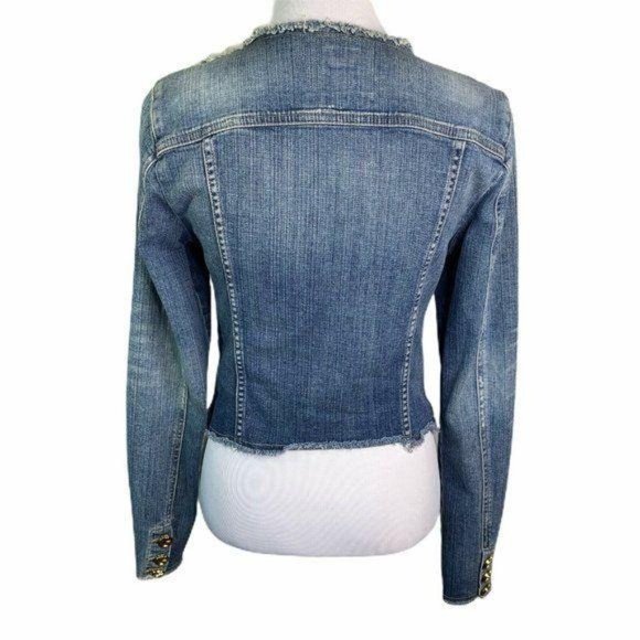 GUESS Denim Gold Buttons Raw Hem Distressed Jacket - Picture 7 of 9